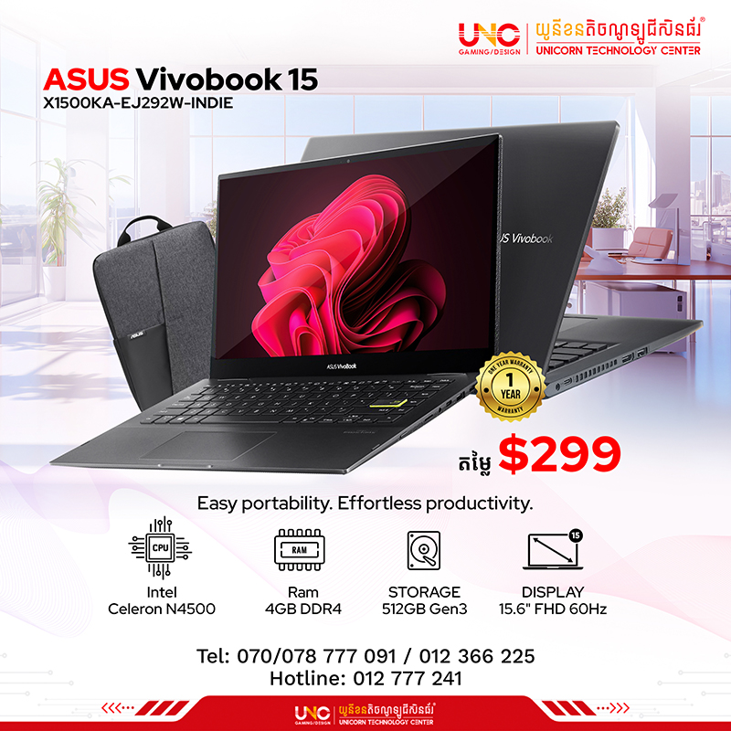 ASUS X515 X1500KA-EJ292W Black Celeron N4500- 4GB-512GB SSD-15.6"FHD16:9-37WH-Backlit KB-BP-Win11-2Y
