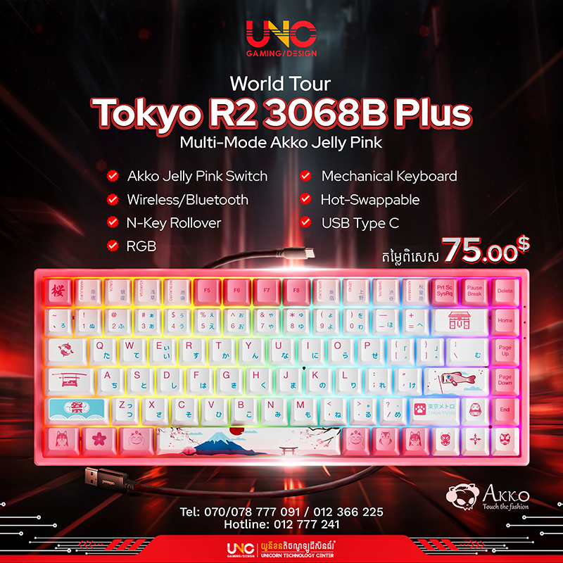 World Tour Tokyo R2 3068B Plus Multi-Mode Akko Jelly Pink ( Wireless/Bluetooth/USB Type C / RGB​ / Akko Jelly Pink Switch / Hot-swappable / N-Key Rollover / Mechanical Keyboard )